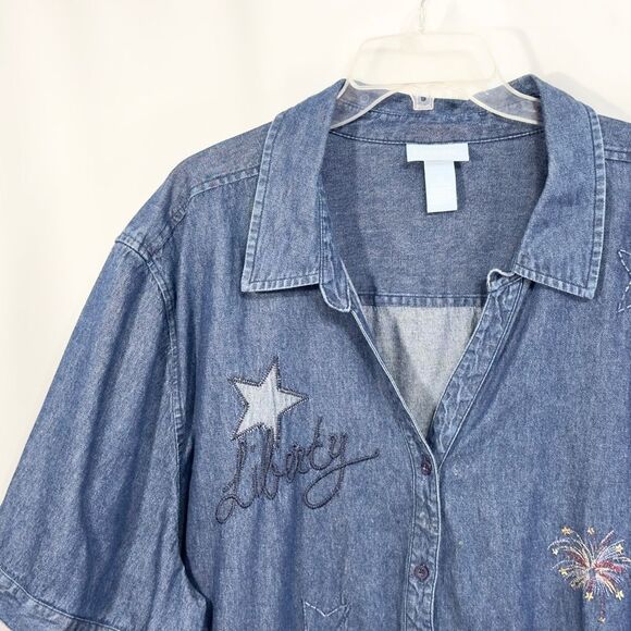 Liz &‎ Me Plus Size 34W 36W Denim Top Fireworks Americana Fourth of July 1464 - Picture 5 of 10